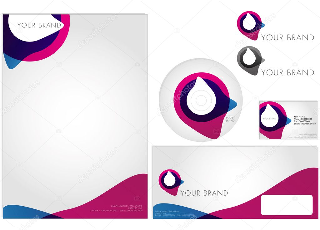 Modern corporate identity with actual sizes of letterhead, color and monochrome logo, CD imprint, business card and business envelope