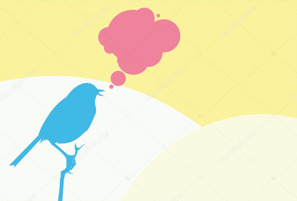 Silhouette of a bird standing on a branch with floral elements and grunge details on stripped and faded turquoise background