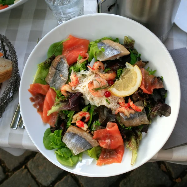 Placa de ensalada grande con salmón y arenque — Foto de Stock