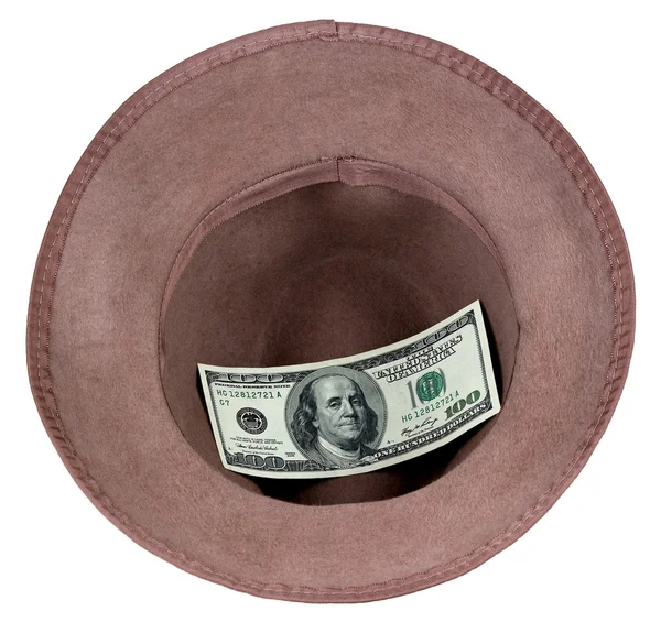 Man's hat with 100 dollars inside — Stock Photo, Image