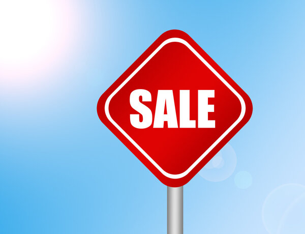 Red and white icon sale over blue background