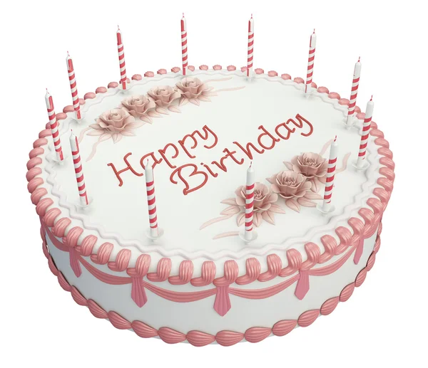 Greetings Birthday cake with candles and roses — Stock Photo ...