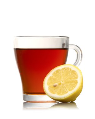 Cup of tea with lemon isolation on a white. front view clipart