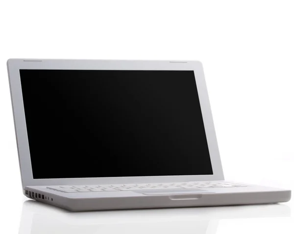 Laptop moderno isolado em branco com reflexões sobre mesa de vidro . — Fotografia de Stock