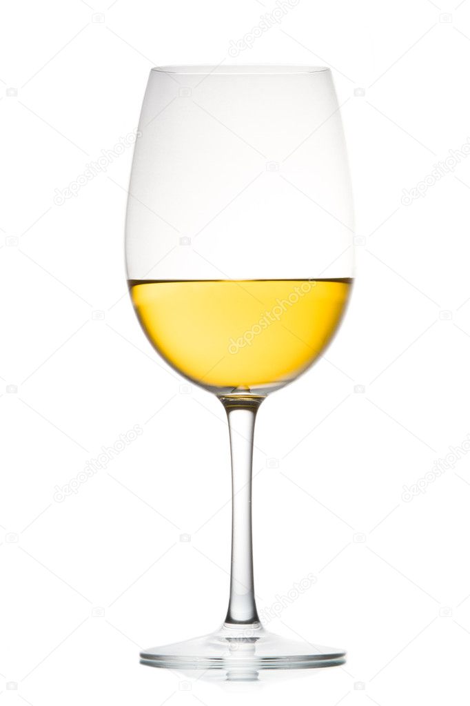 A glass of white wine, isolated on a white background.