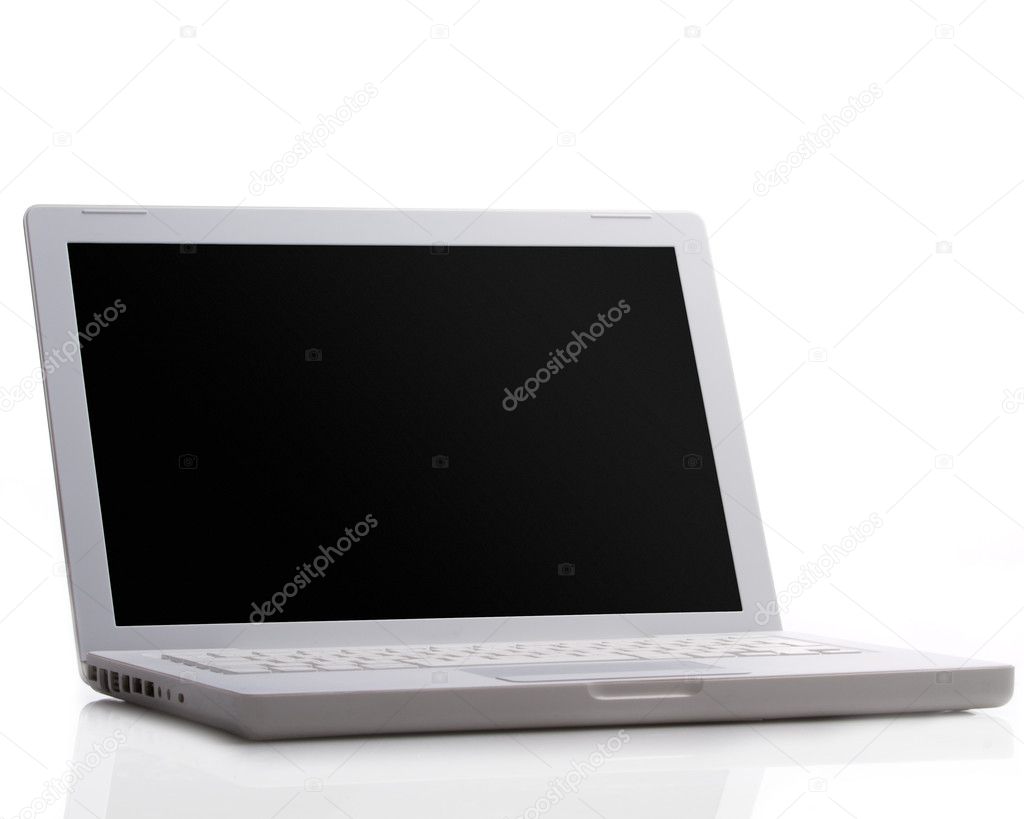 Modern laptop isolated on white with reflections on glass table.