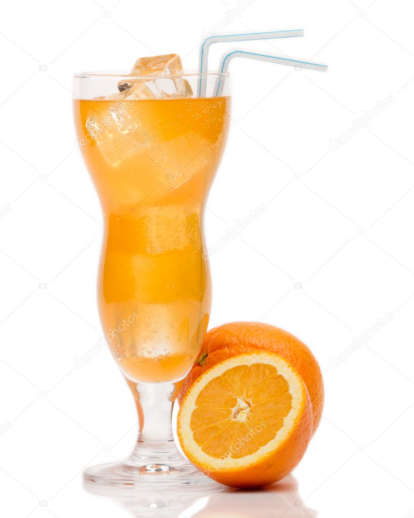 Cocktail with Orange and ice isolation on a white