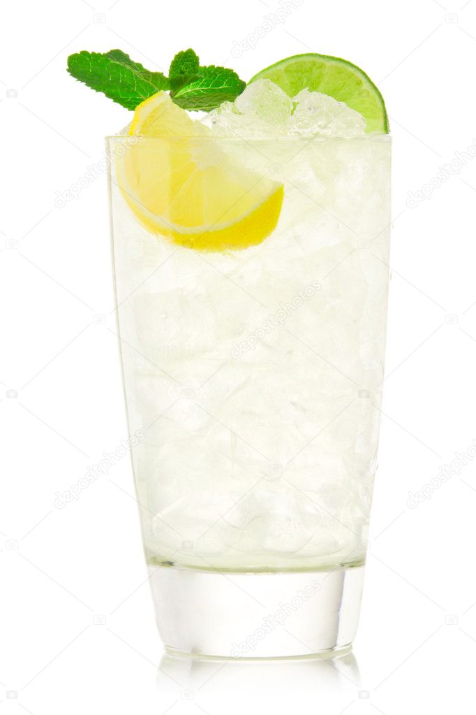 Cocktail with lime and lemon isolation on a white