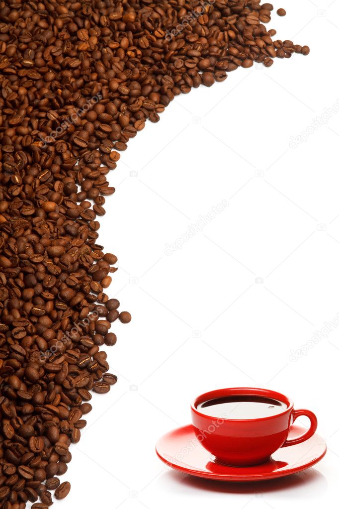 Red coffee cup and grain on white background