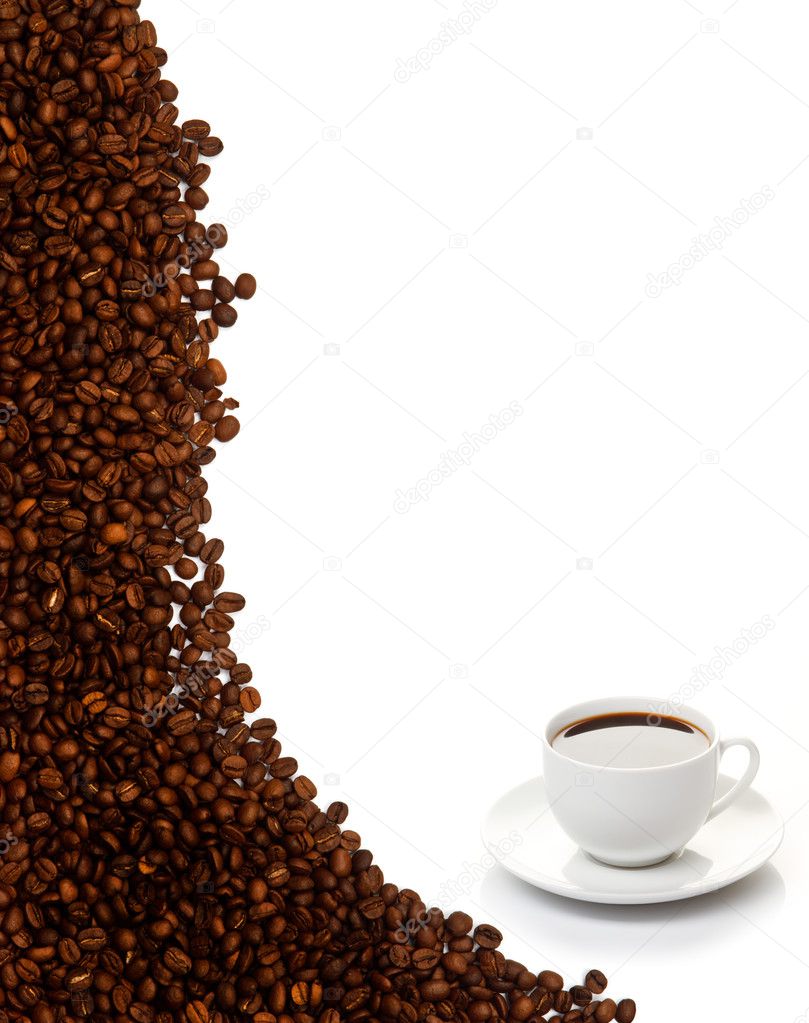 Coffee cup and grain on white background
