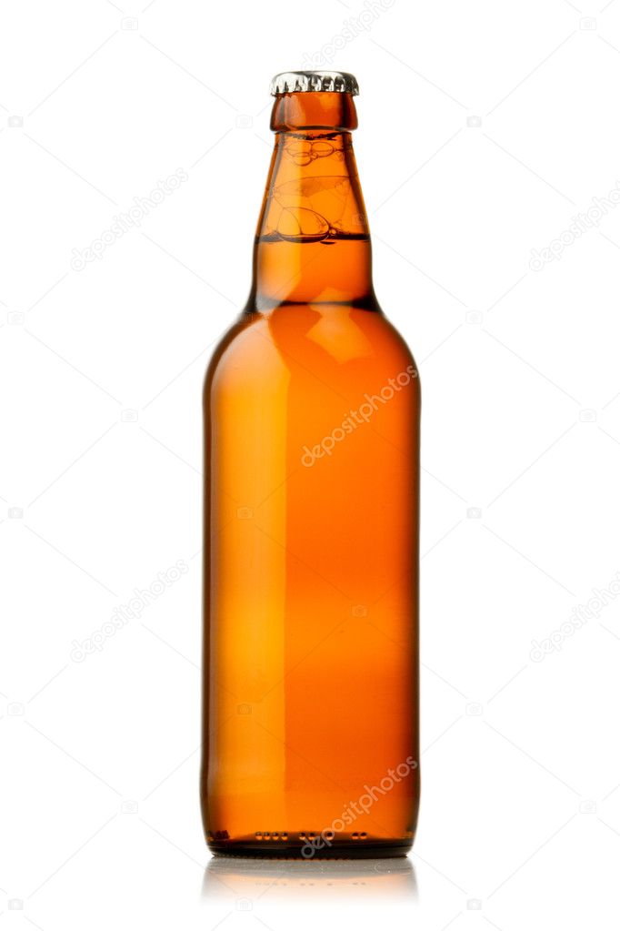 Bottle of beer with drops on white background. The file contains