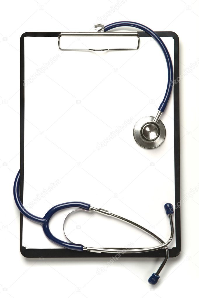 Blank clipboard with modern stethoscope, space for messages