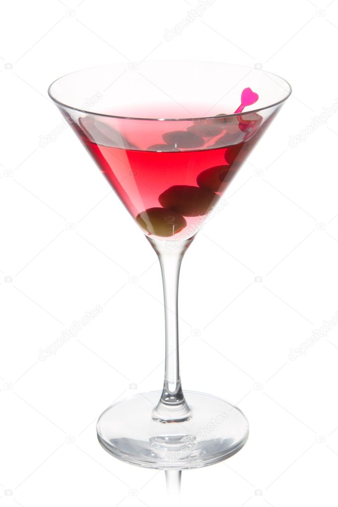 Rose Martini with olives on a white background