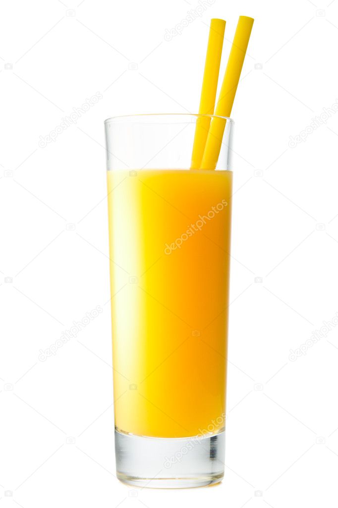 Orange juice in highball glass with a drinking straw. Isolated o