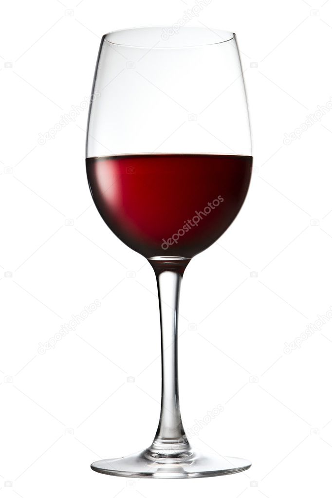 Wine glass on a white with red wine