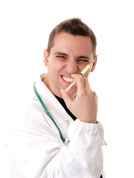 Verrückter Arzt mit Spritze — Stockfoto
