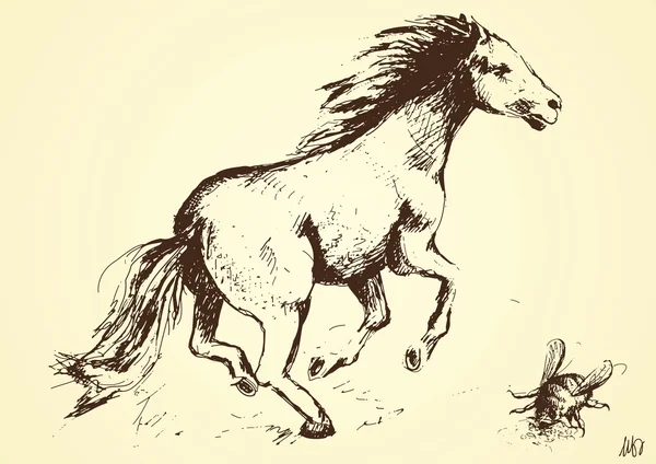 Mano dibujada de caballo e insecto — Vector de stock
