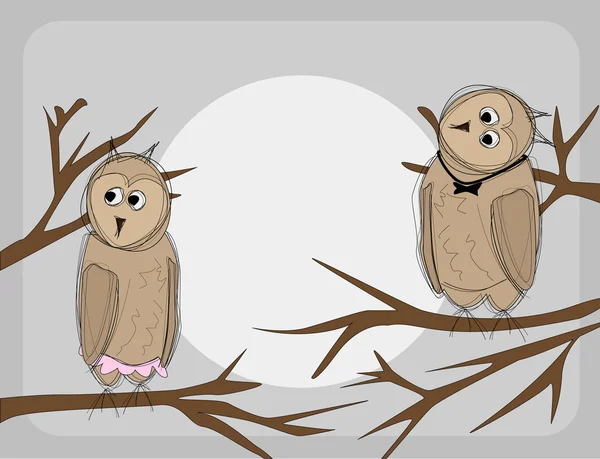 Escena de amor con búhos de dibujos animados en ramas de árboles — Archivo Imágenes Vectoriales