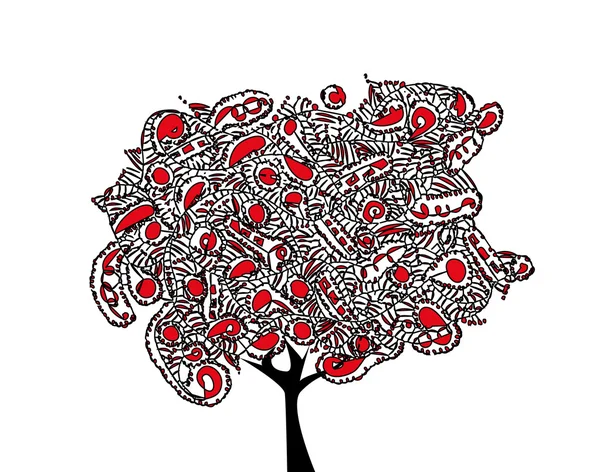 Abstracte versiering zwart boom met rode vruchten — Stockvector