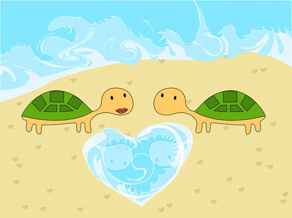 Cute little turtles love on the beach — Stock Vector