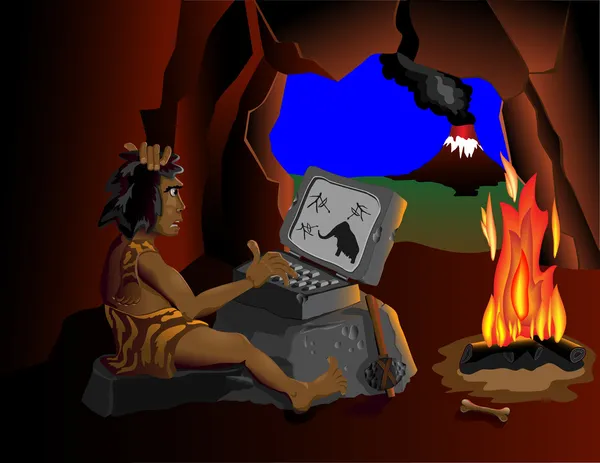 Počítač ani vědět jeskynní lidé seděli kolem ohně — Stockový vektor