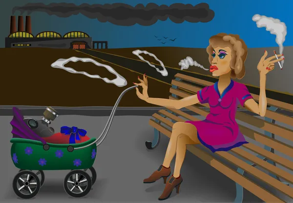 Rauchende Mutter und ein Baby im Hintergrund der Anlage. — Stockvektor