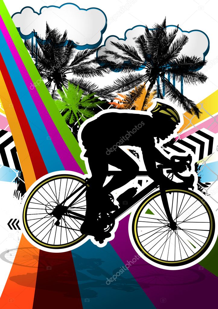 Summer abstract background design with cyclist silhouette. Vecto