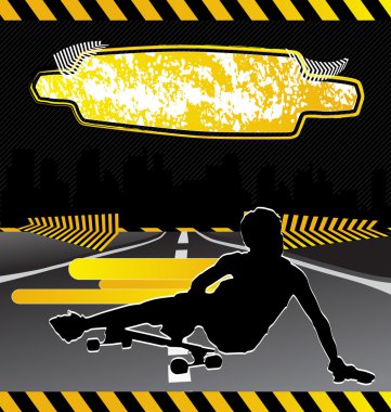 Urban city composition with longboard skateboarder silhouette clipart