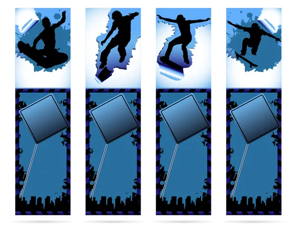 Eléments Web sur fond grunge urbain avec silhouette skateboarder — Image vectorielle