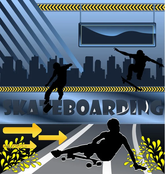 Byvektorsammensætning med byens skyline og skateboarder – Stock-vektor