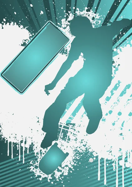 Grunge Poster Template con silhouette skateboarder — Vettoriale Stock