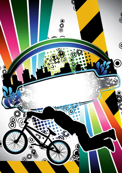 城市 grunge 夏天作文与小轮车骑自行车的人剪影 — 图库矢量图片