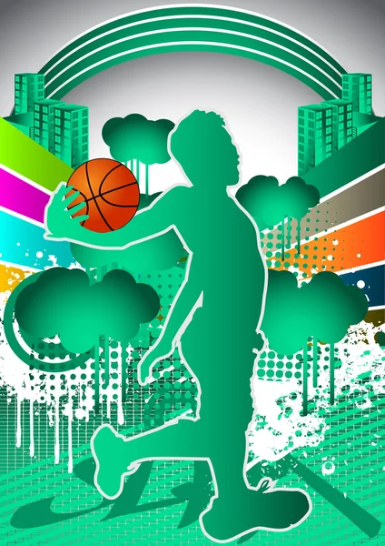 Fondo de verano abstracto con silueta de jugador de baloncesto — Vector de stock
