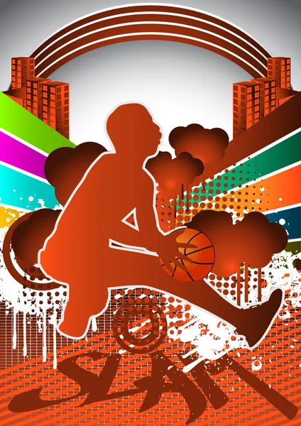 बास्केटबॉल खिलाड़ी सिल्हूट के साथ ग्रीष्मकालीन पृष्ठभूमि अवशोषित करें — स्टॉक वेक्टर