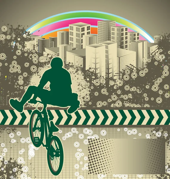 Abstrakt grunge bakgrund med bmx cyklist siluett — Stock vektor