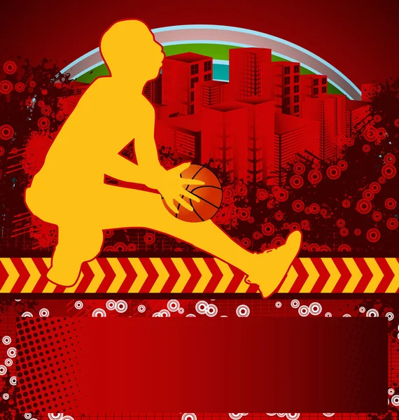 バスケット ボール プレーヤーのシルエットと抽象的なグランジ背景 — ストックベクタ