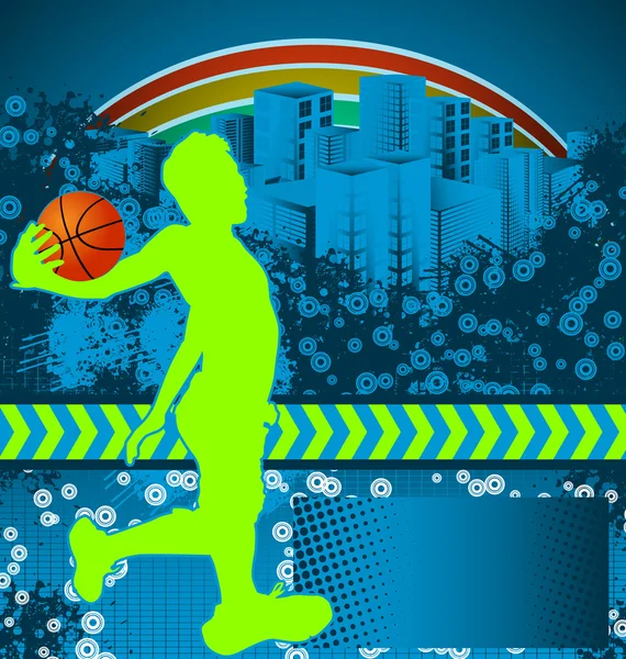 バスケット ボール プレーヤーのシルエットと抽象的なグランジ背景 — ストックベクタ