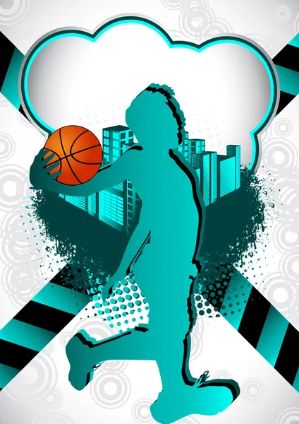 बास्केटबॉल खिलाड़ी सिल्हूट के साथ ग्रीष्मकालीन पृष्ठभूमि को सारांशित करें — स्टॉक वेक्टर