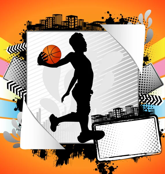 Abstrakter Sommerrahmen mit Basketballspieler-Silhouette — Stockvektor