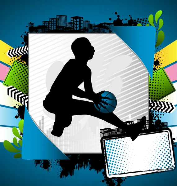 Αφηρημένη καλοκαίρι πλαίσιο με σιλουέτα παίκτης μπάσκετ — Διανυσματικό Αρχείο