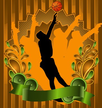 Vintage background design with basketball player silhouette. Vec clipart