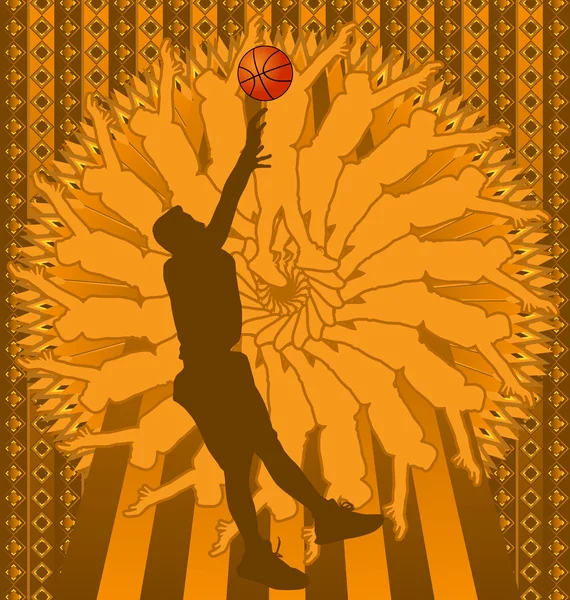 बास्केटबॉल खिलाड़ी सिल्हूट के साथ विंटेज पृष्ठभूमि डिजाइन। सदिश — स्टॉक वेक्टर