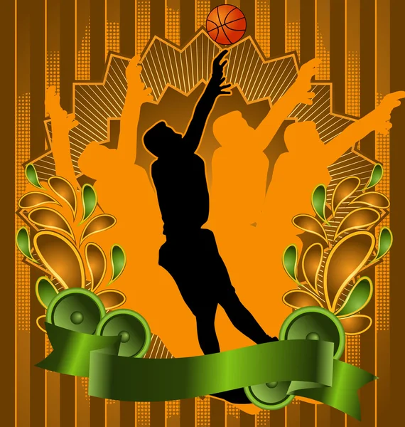 बास्केटबॉल खिलाड़ी सिल्हूट के साथ विंटेज पृष्ठभूमि डिजाइन। सदिश — स्टॉक वेक्टर