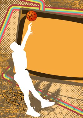 Vintage urban grunge background design with basketball player silhouette clipart