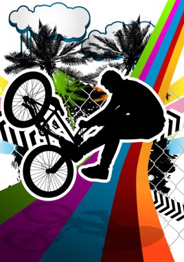 Summer abstract background design with bmx biker silhouette. Vec clipart