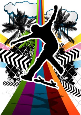 Summer abstract background design with skateboarder silhouette. clipart