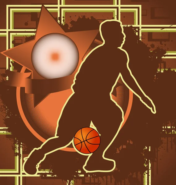 Design d'arrière-plan vintage avec cadre étoilé et joueur de basket — Image vectorielle