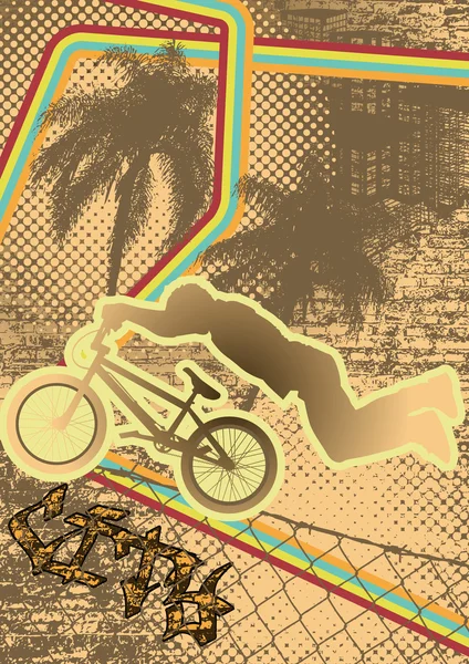 ビンテージ都市グランジ背景シルエットのデザインを bmx バイクに乗る人 — ストックベクタ