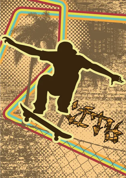 Старовинний міський гранжевий дизайн фону зі скейтбордистським силуетом — стоковий вектор