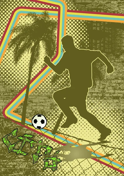 Ročník městských grunge pozadí design s skládačce silueta samuraje s fotbalový hráč — Stockový vektor